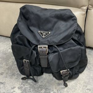 Prada Tessuto Black Nylon Backpack Double Pocket Drawstring Buckle Designer